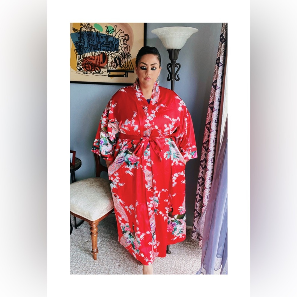 Plus Red Satin Kimono Robe Full Length